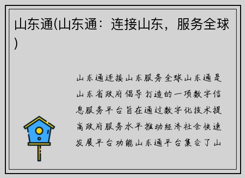 山东通(山东通：连接山东，服务全球)